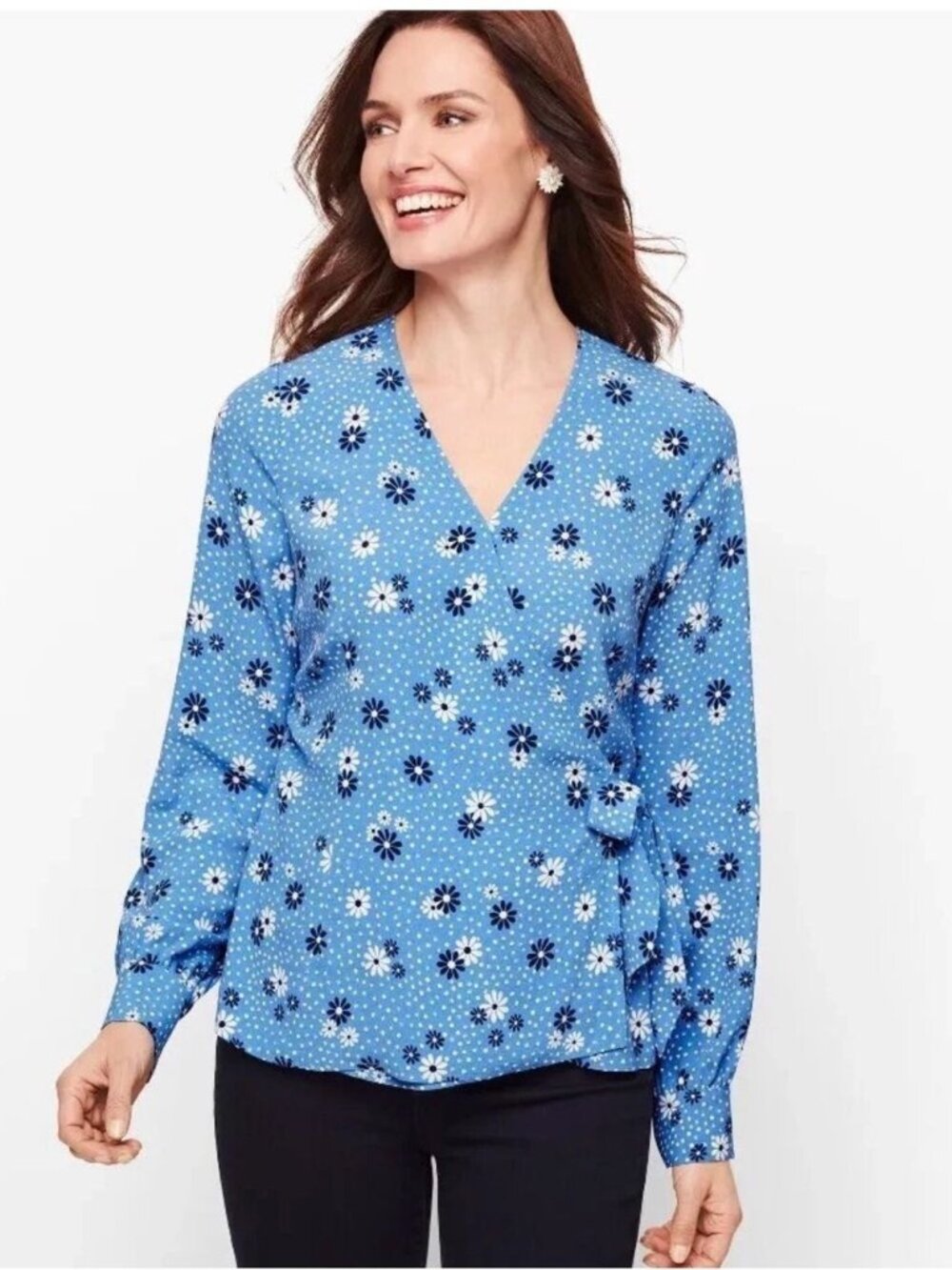 Talbots Blue Flower & Dots Poet Sleeve Wrap Top